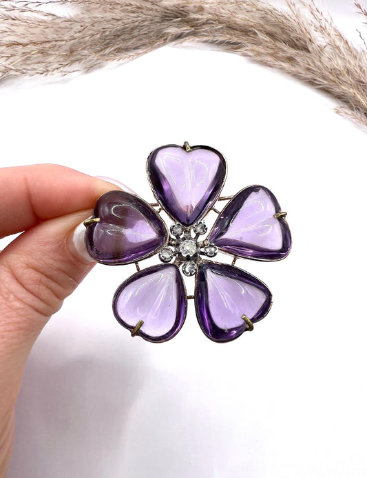 Antique 15ct Gold, Edwardian Amethyst & Diamond Flower Brooch