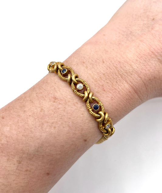 Antique 18ct Yellow Gold, Victorian Sapphire & Diamond, Fancy Curb Link Bracelet