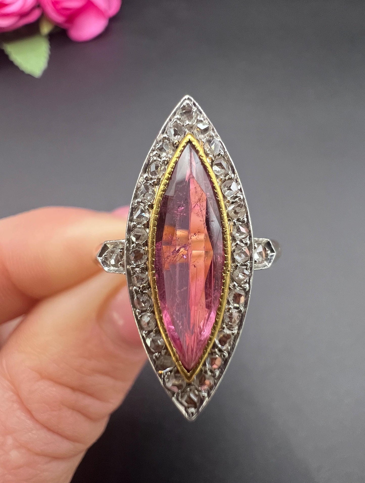 Antique 18ct Gold & Platinum, Edwardian Pink Tourmaline and Diamond Marquise Shaped Ring