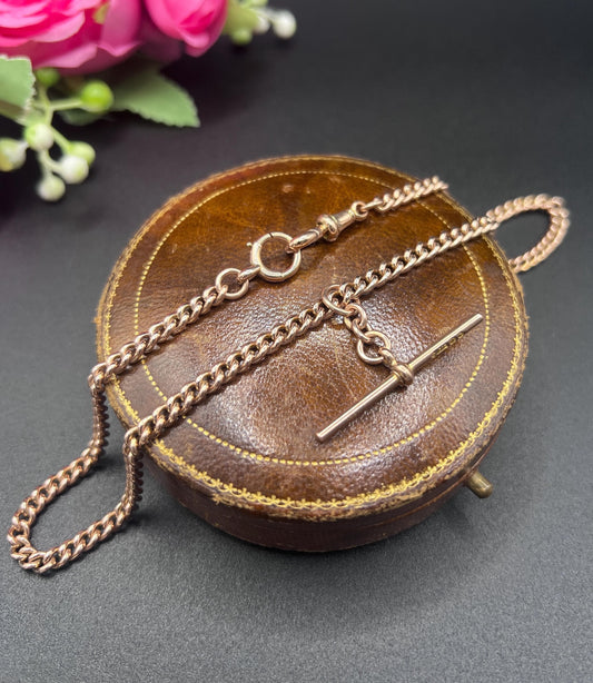 Antique 9ct Rose Gold Albert Chain: Curb Link Necklace, Hallmarked London 1927