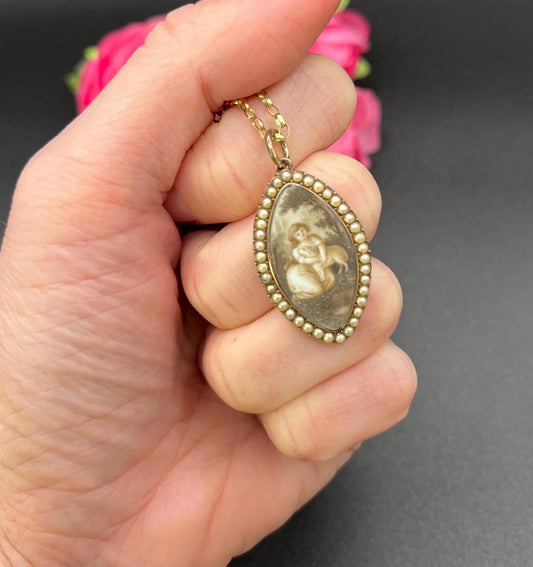 Victorian 9 Carat Yellow Gold Seed Pearl Miniature Pendant, Circa 1820