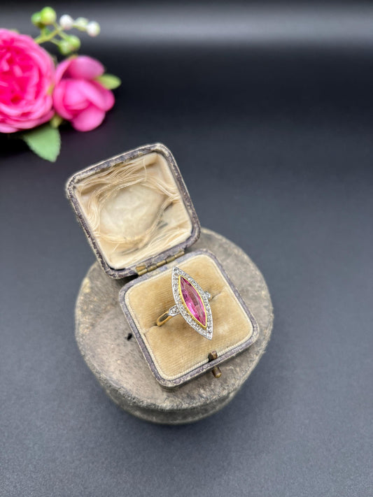 Antique 18ct Gold & Platinum, Edwardian Pink Tourmaline and Diamond Marquise Shaped Ring