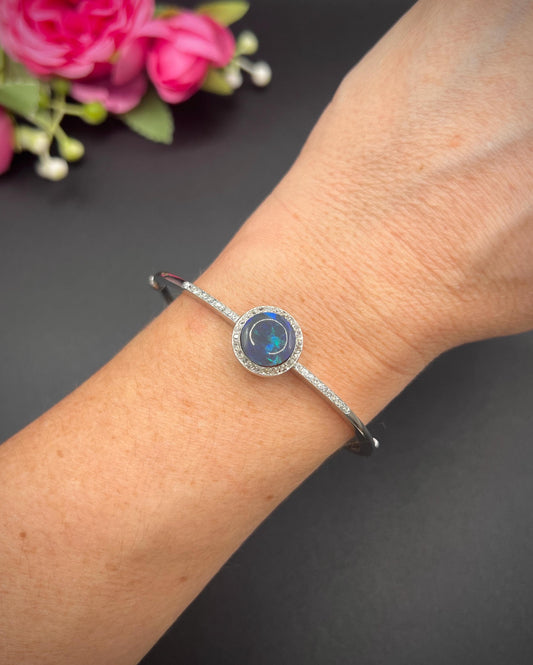 Antique Platinum, 1920s Black Opal & Diamond Hinged Bangle