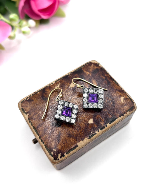 Antique 18ct Gold & Silver, Victorian Amethyst and Diamond Earrings