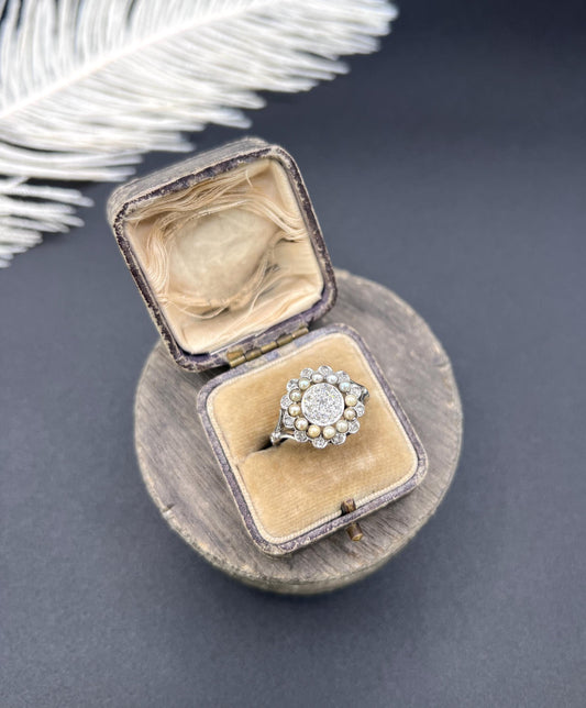 Antique 18ct White Gold & Platinum, Diamond and Pearl Cluster Ring
