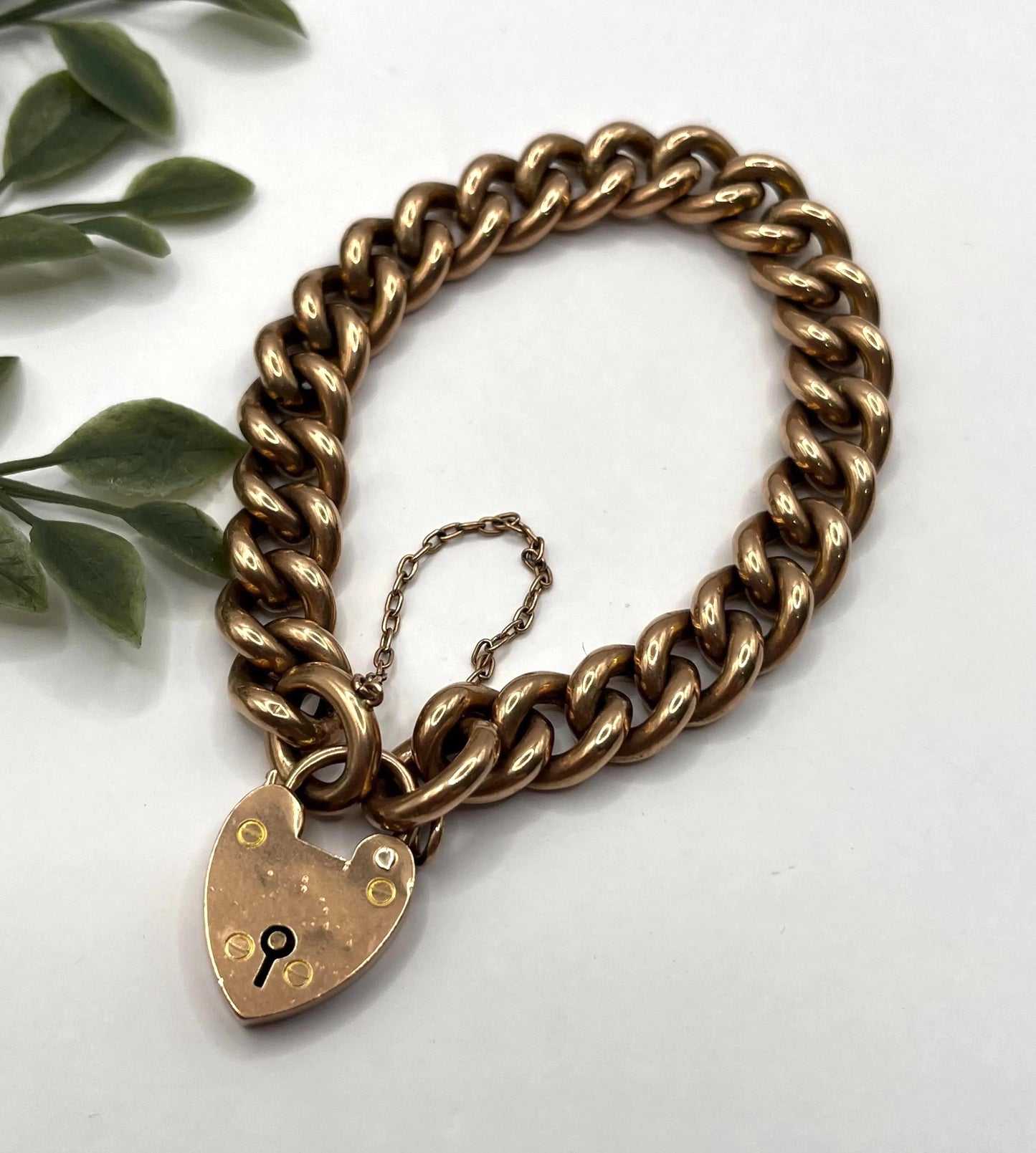 Antique 9ct Rose Gold Curb Bracelet: Edwardian Heart Padlock