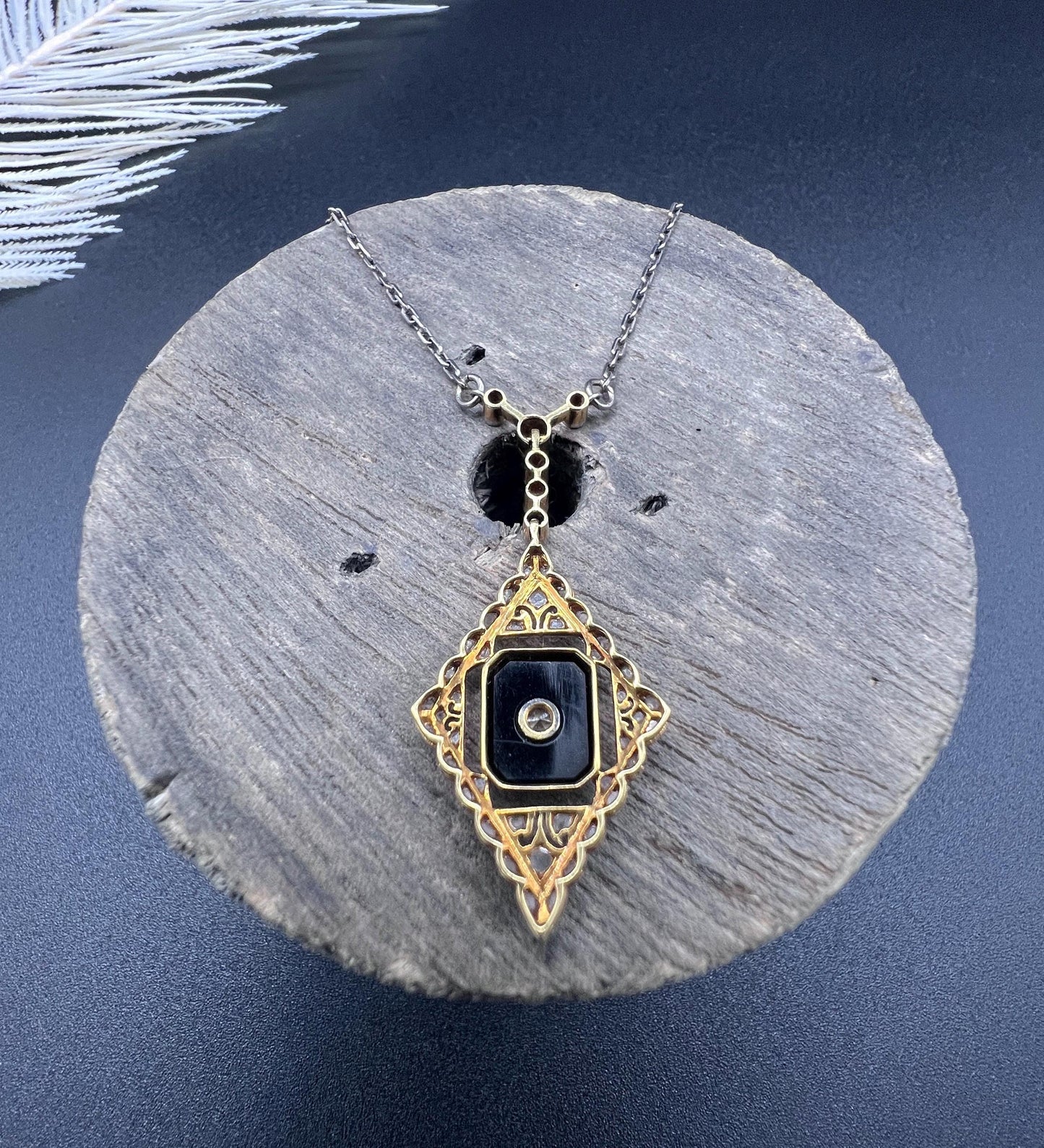 Antique 18ct Gold & Platinum, Edwardian Onyx and Diamond Pendant Necklace