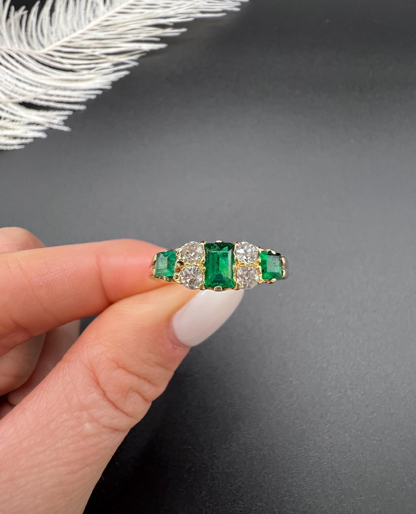 Antique 18ct Yellow Gold, Victorian Emerald and Diamond Carved Ring