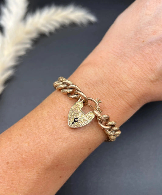 Antique 9 Carat Rose Gold Curb Bracelet with Floral Heart Padlock, Circa 1910