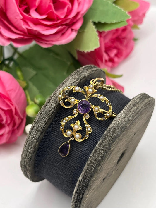 Edwardian 15 Carat Gold Amethyst and Seed Pearl Pendant/Brooch, Circa 1910