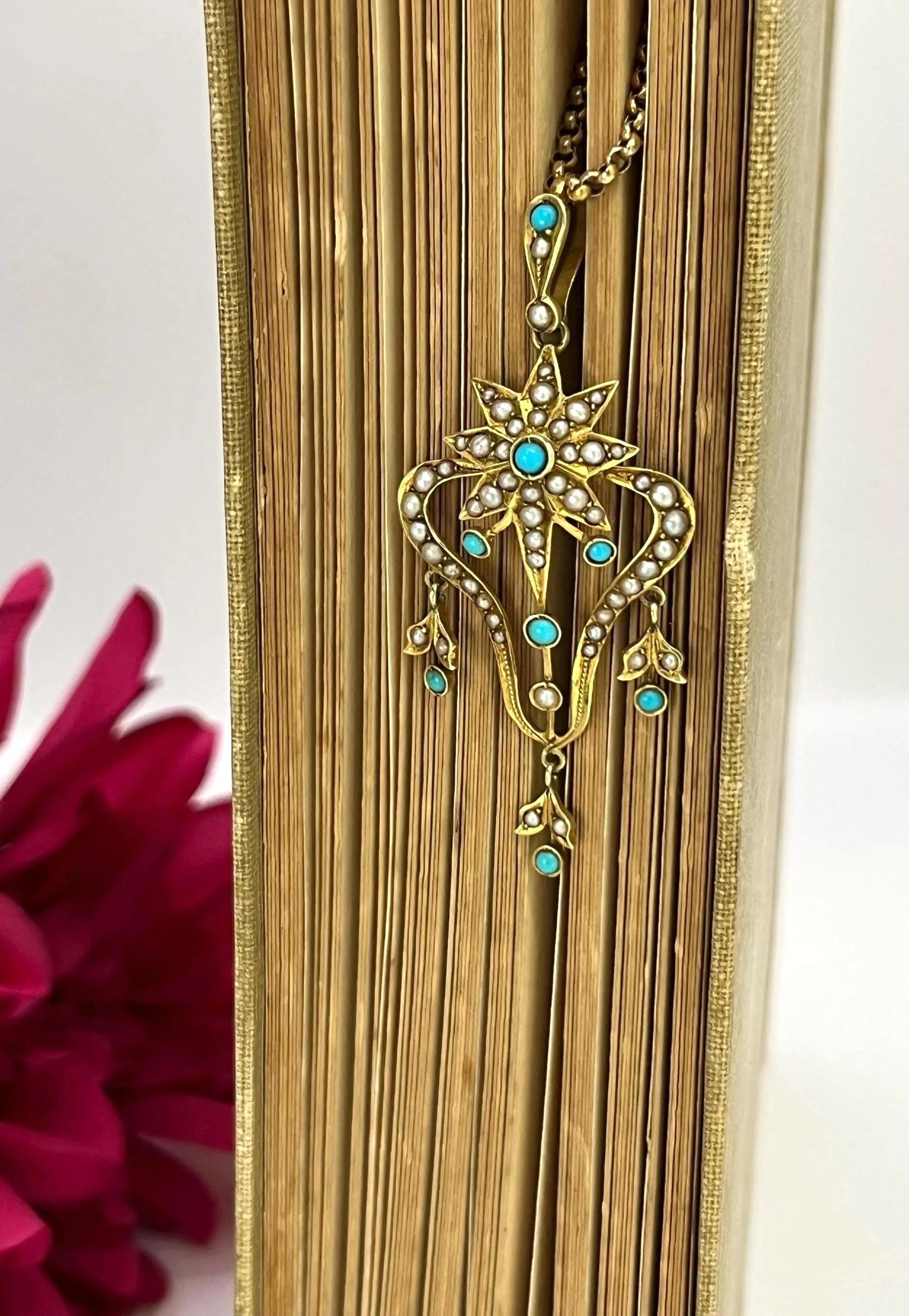 Edwardian 15 Carat Gold Turquoise and Pearl Pendant, Circa 1910