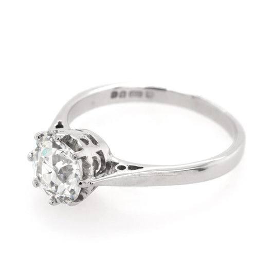 Solitaire 1.52 carat old cut diamond ring in platinum.