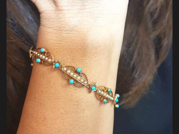 Victorian Turquoise and Pearl set Bracelet, 15ct Yellow Gold