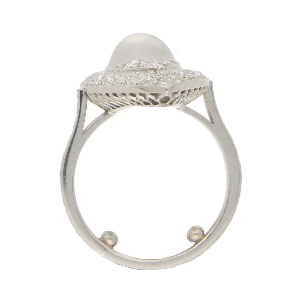 Antique Art Deco Marquise Shaped Diamond and Moonstone Cocktail Dress Ring in Platinum