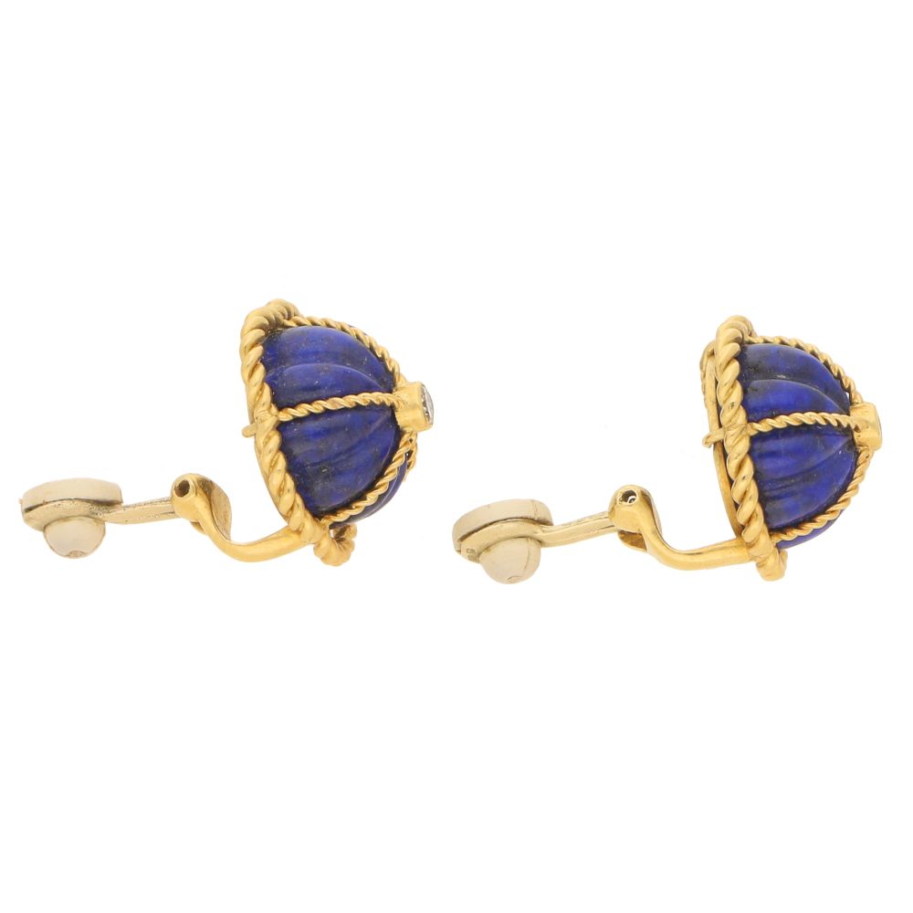 Vintage Lapis Lazuli and Diamond Domed Clip On Earrings