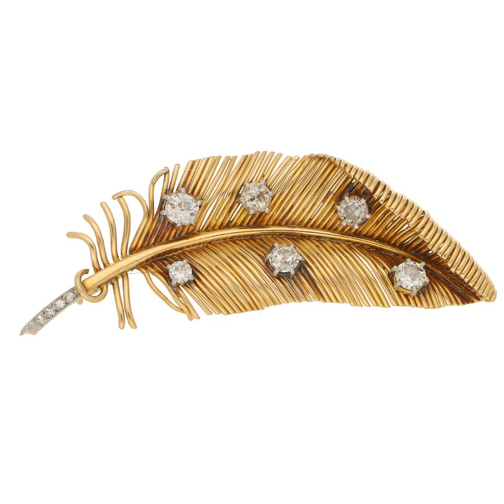 Vintage Diamond 18ct Gold Feather Brooch