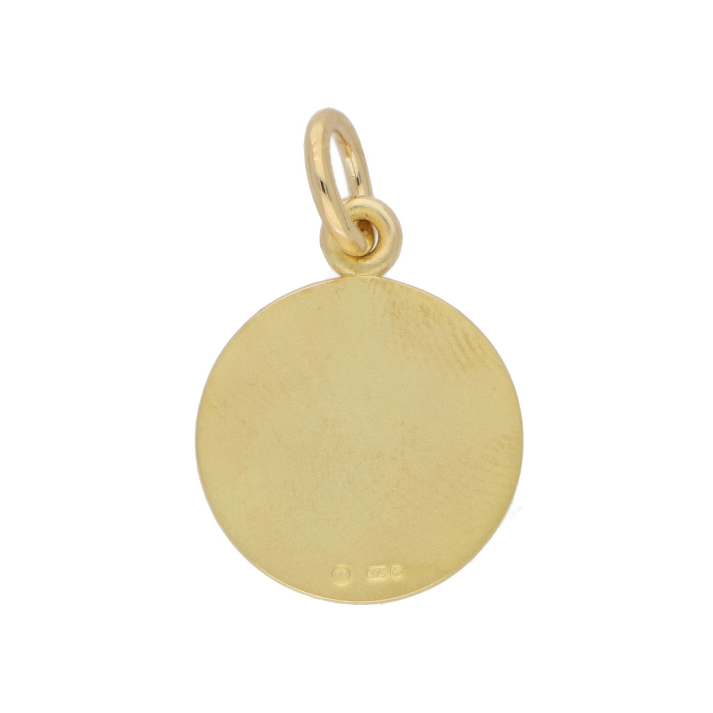 A plain yellow gold circular pendant on a white background