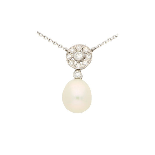 Pearl and Diamond Cluster Pendant Necklace