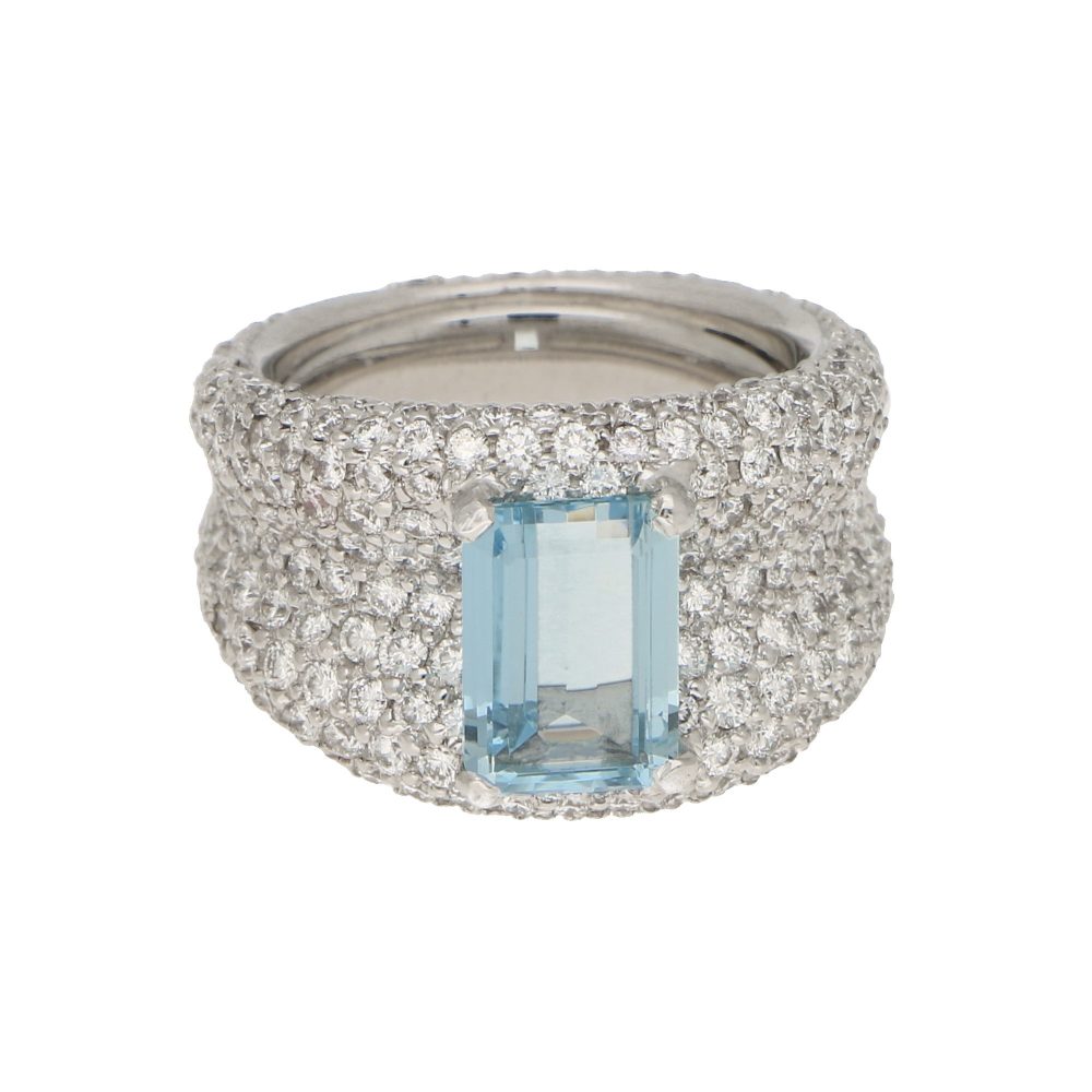 1.93ct Emerald Cut Aquamarine and Diamond Bombe Ring in 18ct White Gold