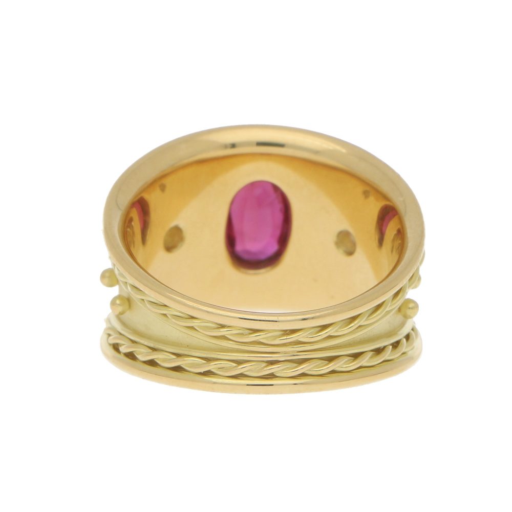 Etruscan Style Ruby and Diamond 18ct Yellow Gold Dress Ring
