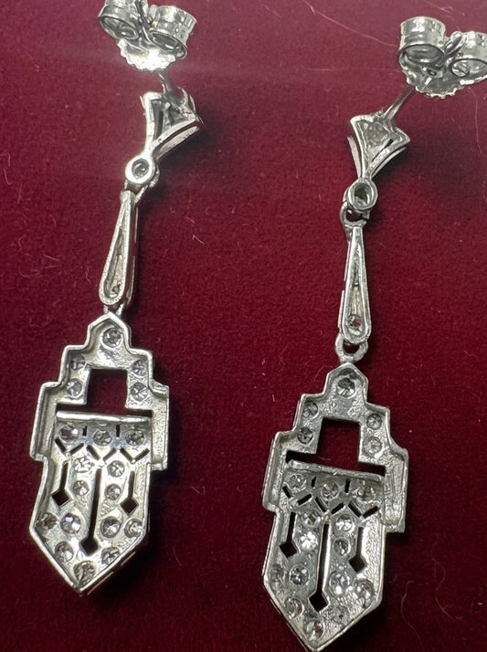 Art Deco Diamond Geometric Panel Platinum Drop Earrings