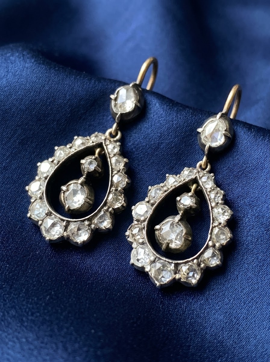 Georgian Gold Silver Rose Cut Diamond Drop Earrings, Circa 1790