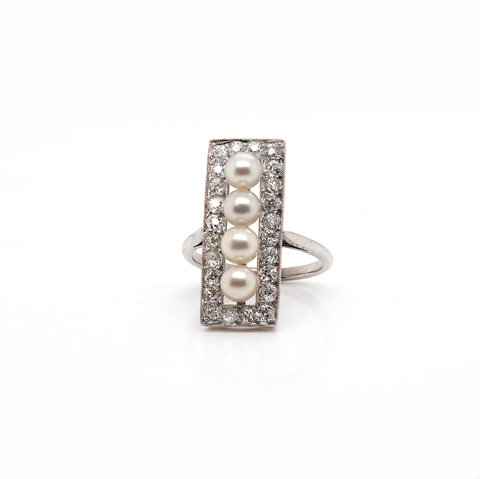 Jewellery Natural Pearl and Diamond Art Deco Plaque Ring Long