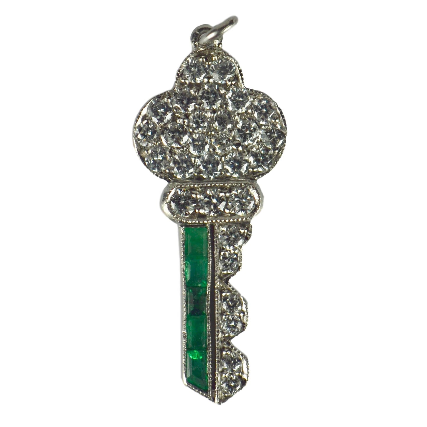 Art Deco Emerald, Diamond and Platinum Key Charm Pendant