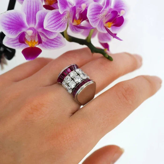 Vintage Retro 1940s Diamond and Ruby Tank Ring