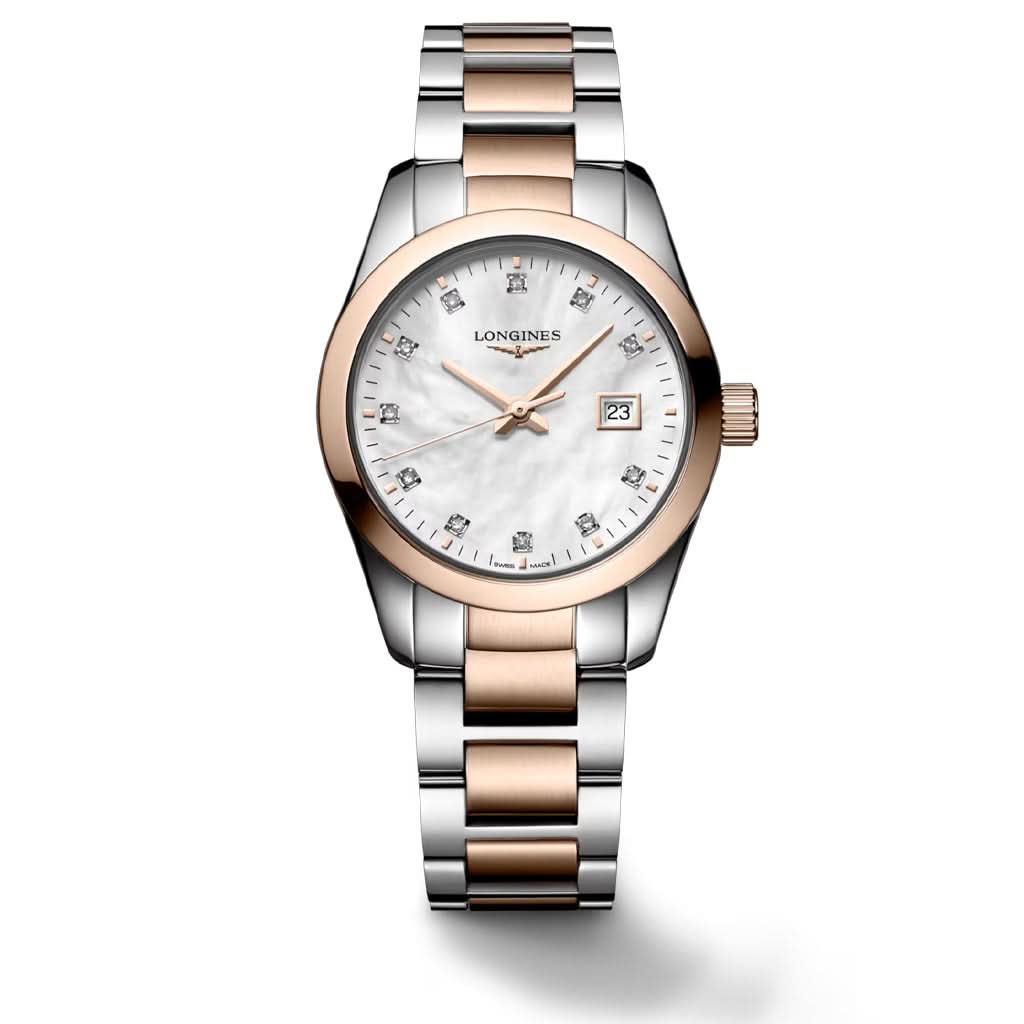 LONGINES CONQUEST CLASSIC Quartz Date Steel and Rose Gold Watch on Bracelet, diamond dot mother of pearl dial L2.286.3.87.7