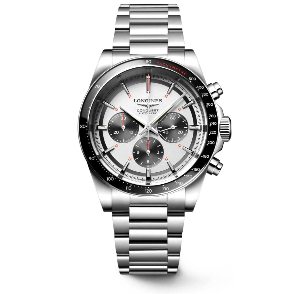 LONGINES CONQUEST CHRONOGRAPH Stainless Steel Watch with silver dial and black bezel L38354726