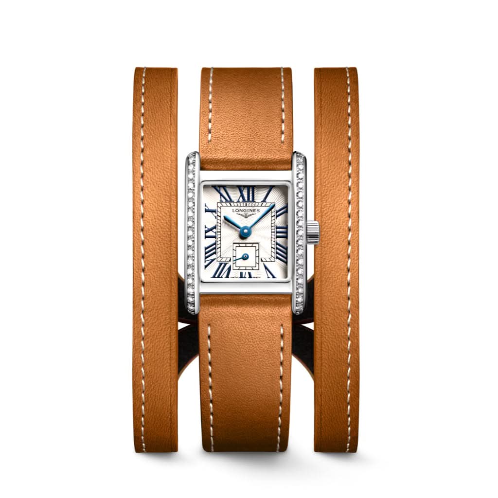 LONGINES MINI DOLCEVITA stainless steel watch with diamond case and brown leather strap L52000710