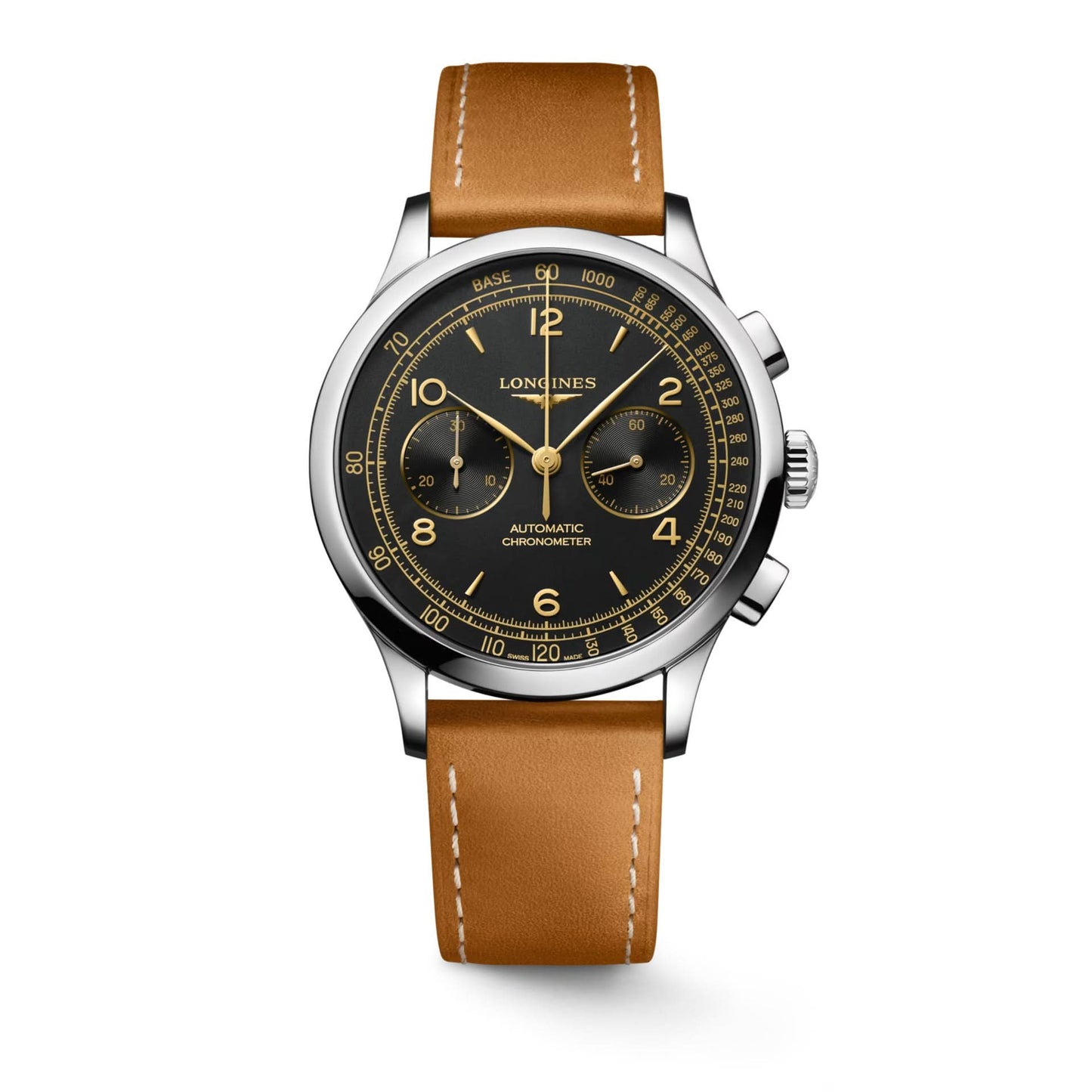 LONGINES RECORD Automatic Chronograph Watch L2.921.4.56.2 in stainless steel with a brown leather strap
