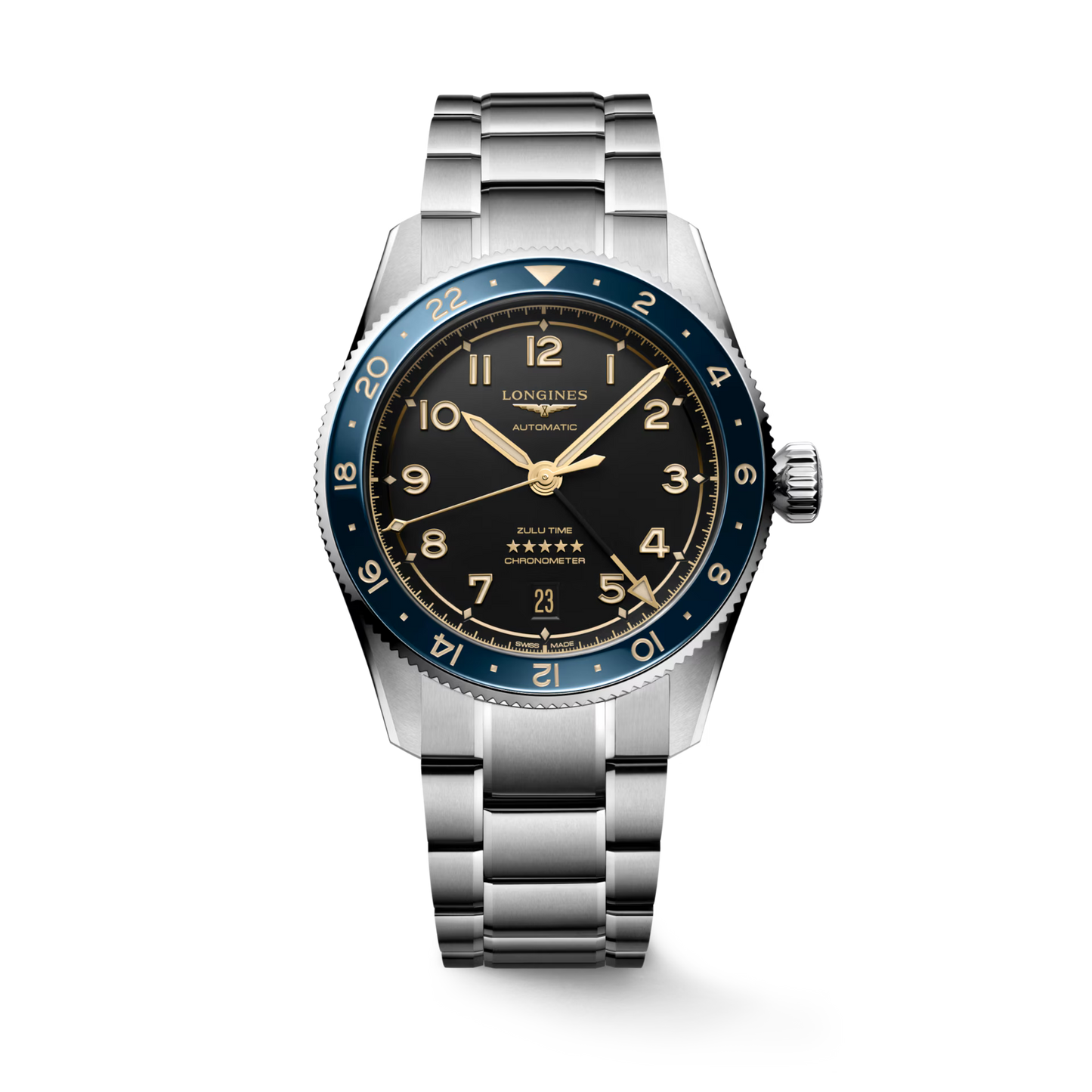 LONGINES SPIRIT ZULU TIME stainless steel wrist watch with black dial and dark coloured bezel L3.802.4.60.6