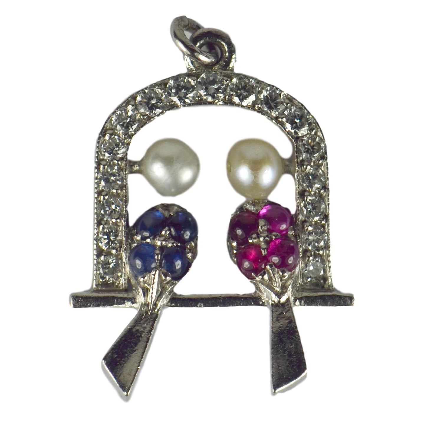 Art Deco Diamond, Sapphire, Ruby and Pearl Love Birds Charm Pendant