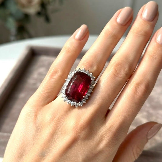 Vintage 25ct Rubellite and Diamond Cluster Cocktail Ring