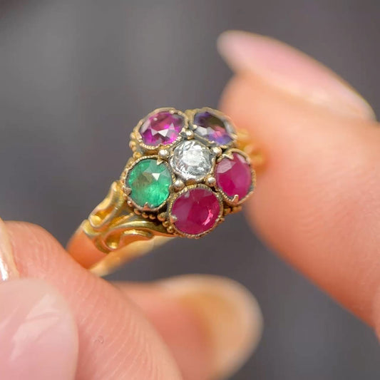 Victorian Antique 1865 REGARD Cluster Ring in 15ct Yellow Gold, 19th century