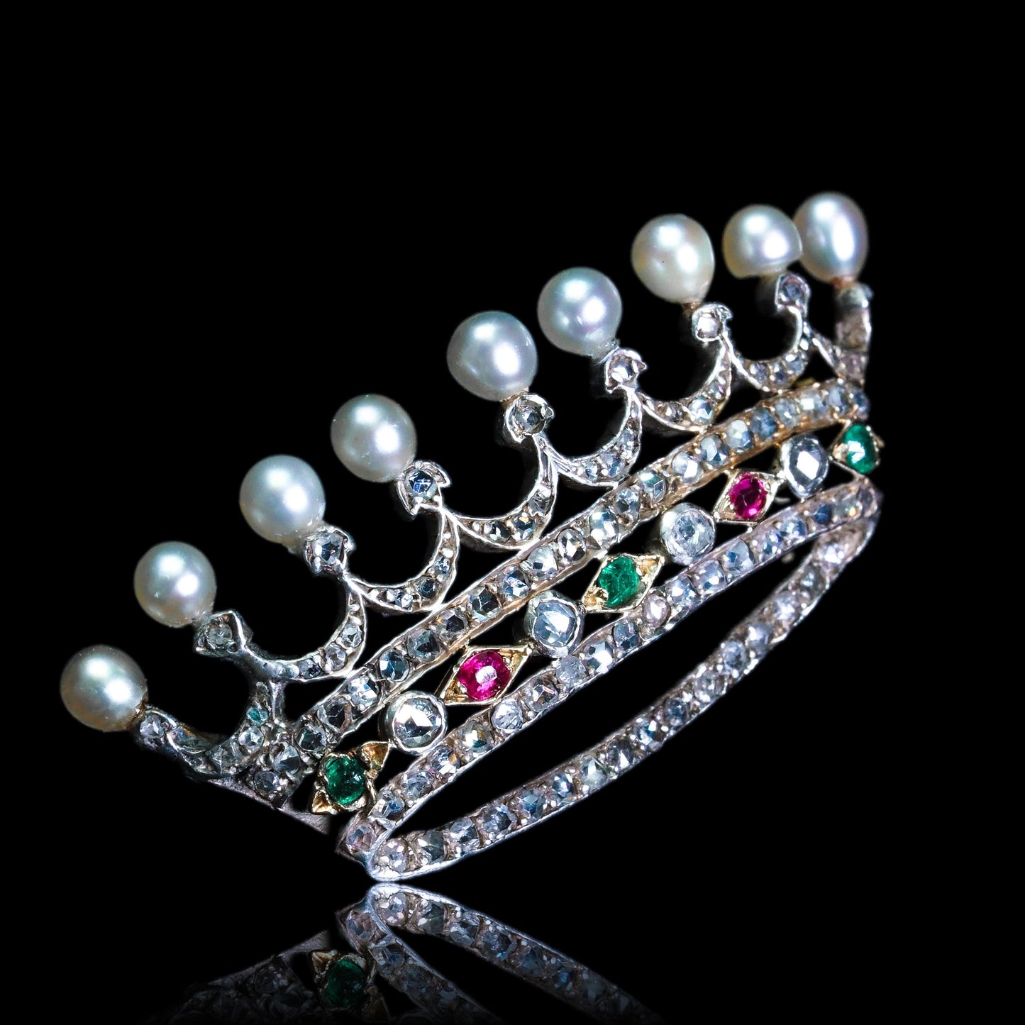 Antique French Ruby, Emerald, Diamond Pearl Crown Coronet Brooch 18K Gold c.1900