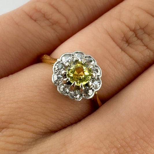 Edwardian Antique Yellow Sapphire and Old Cut Diamond Cluster Engagement Ring