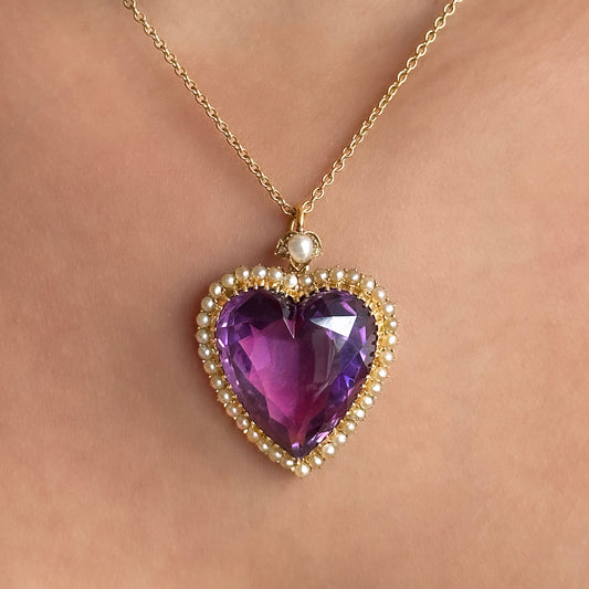 Victorian Antique Amethyst and Seed Pearl Cluster Heart Pendant