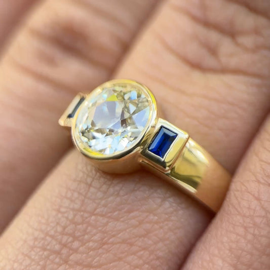 1.63ct Old Cut Diamond and Baguette Sapphire Engagement Ring