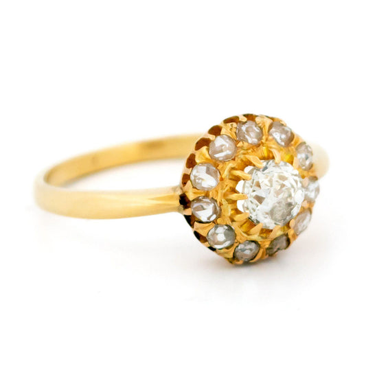 Victorian Antique Old Mine Cut Diamond Cluster Engagement Ring in Yellow Gold