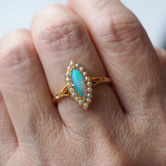 Antique Victorian Opal and Pearl Marquise Cluster Ring