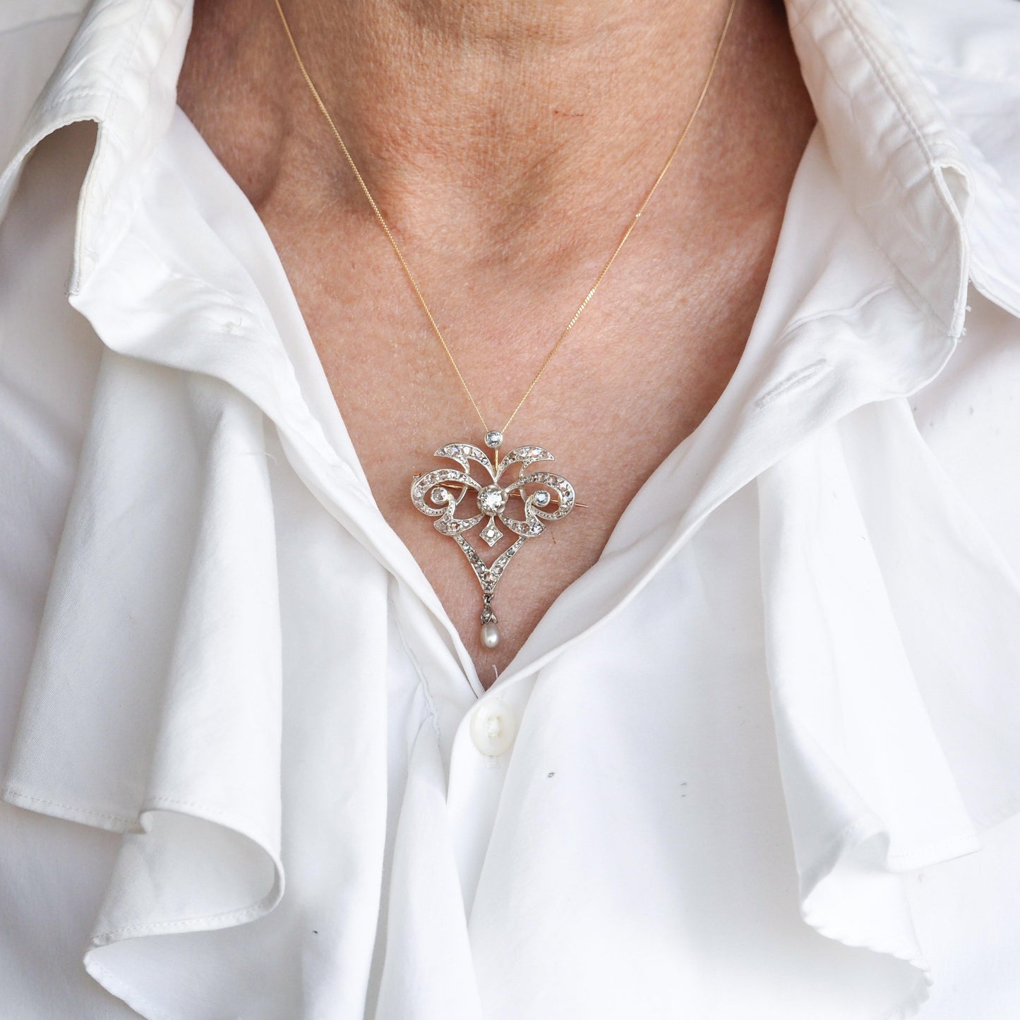 Antique Diamond and Pearl Necklace Lavalier Pendant come Brooch