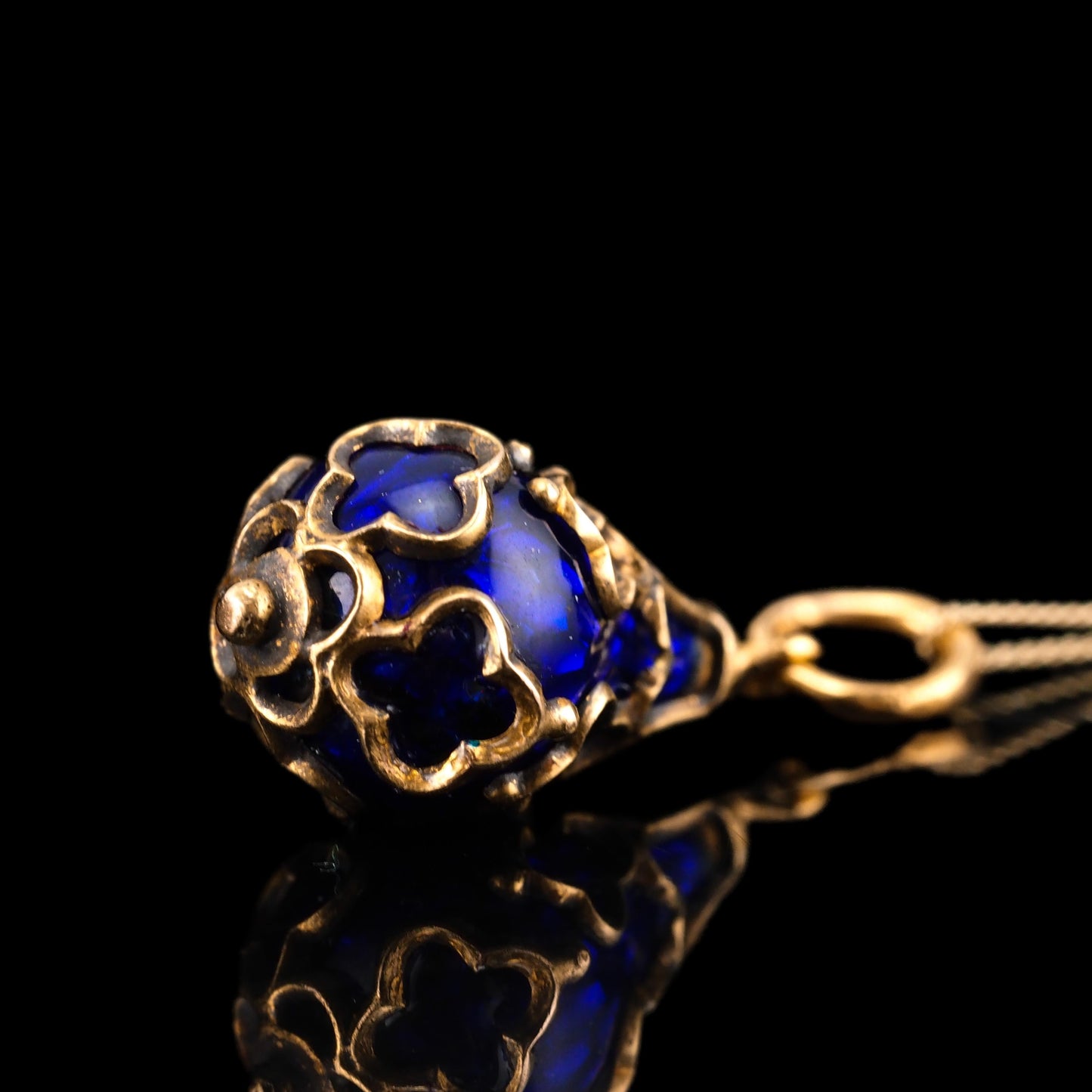 Antique Blue Enamel Guilloche Drop Pendant in 15ct Gold