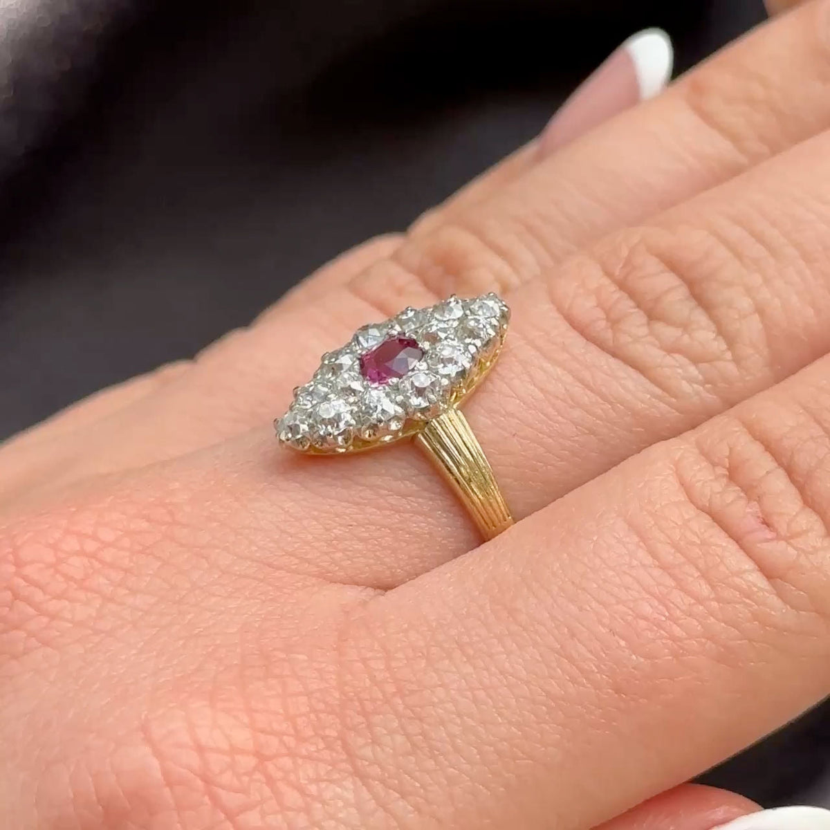 Antique Burma Ruby and Old Cut Diamond Marquise Cluster Ring