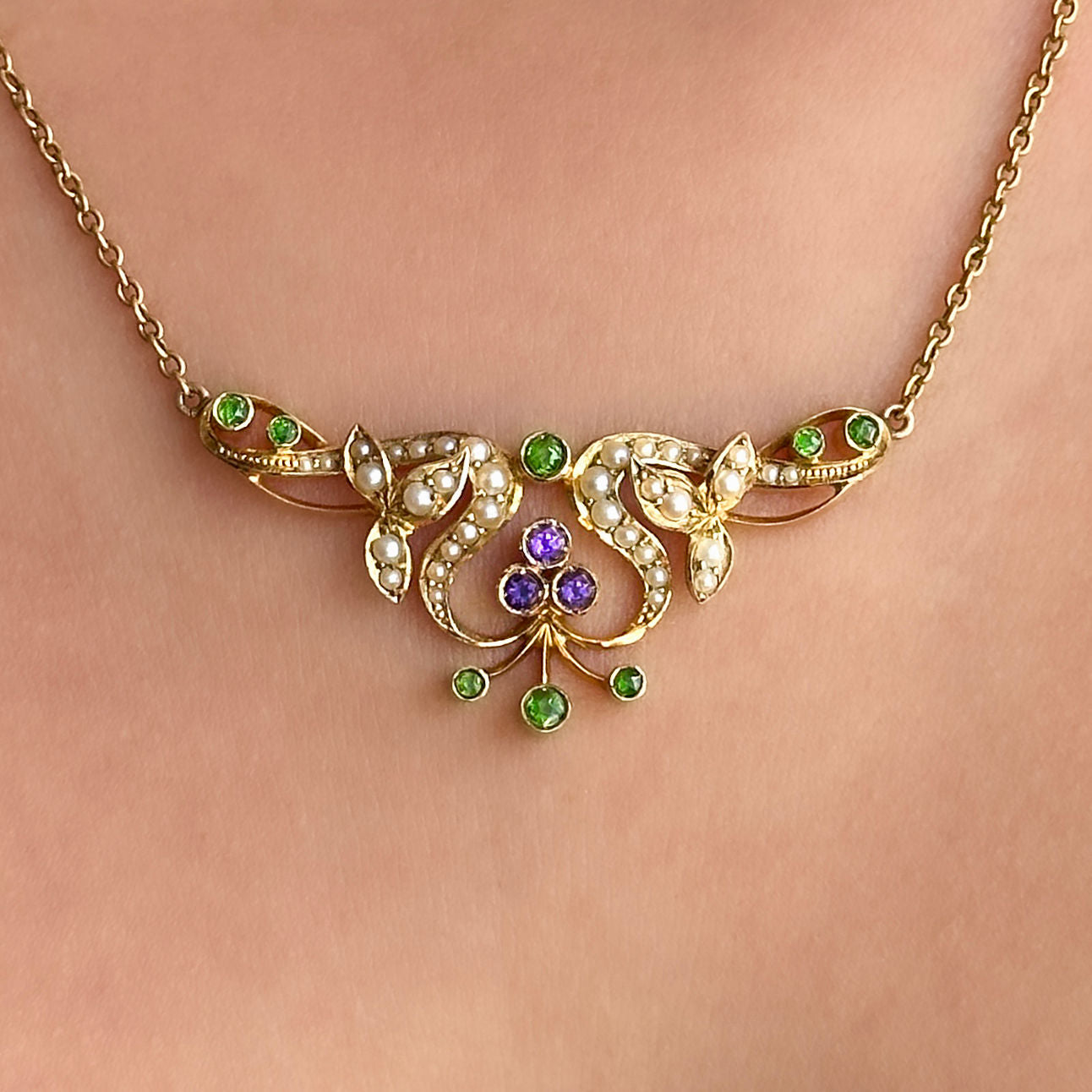 Edwardian Antique Demantoid Garnet Amethyst and Pearl Necklace in 15ct Gold