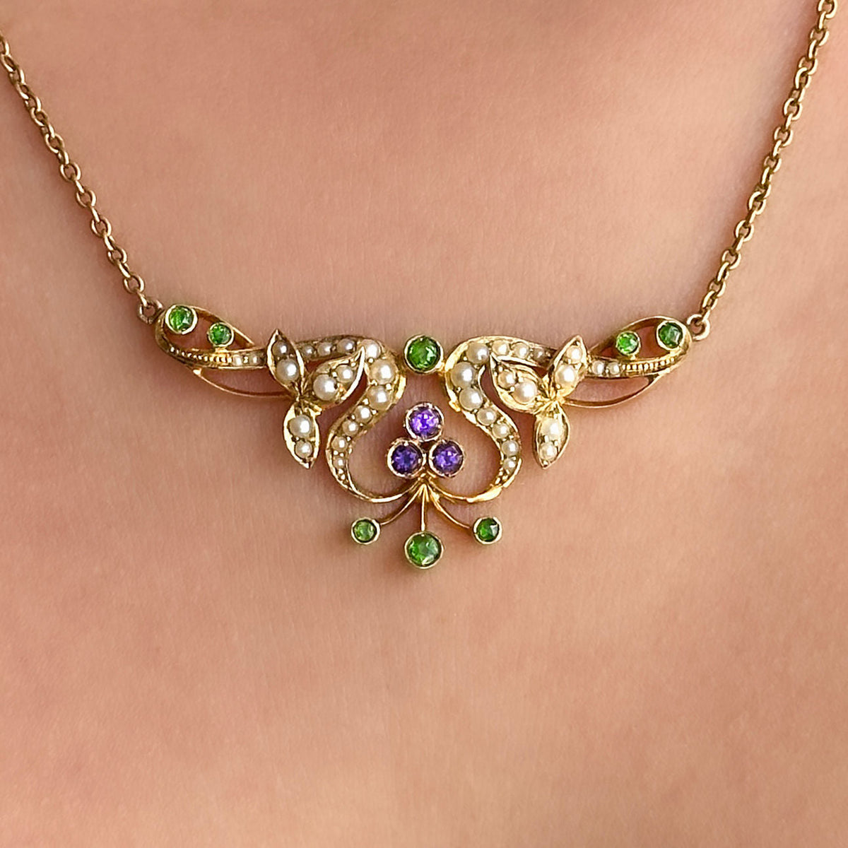Edwardian Antique Demantoid Garnet Amethyst and Pearl Necklace in 15ct Gold