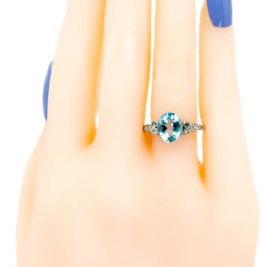 Oval Aquamarine, Old Mine-Cut Diamond and Platinum Ring, 2.30 Carats