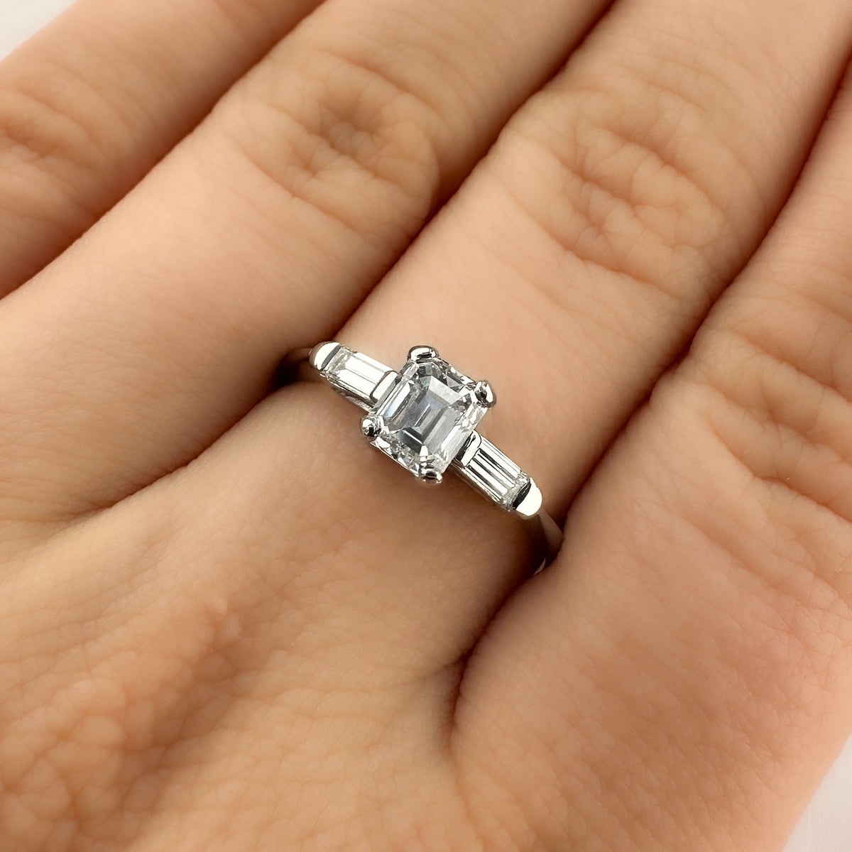 GIA Certified 1.02ct Emerald Cut Diamond and Baguette Diamond Trilogy Engagement Ring in Platinum